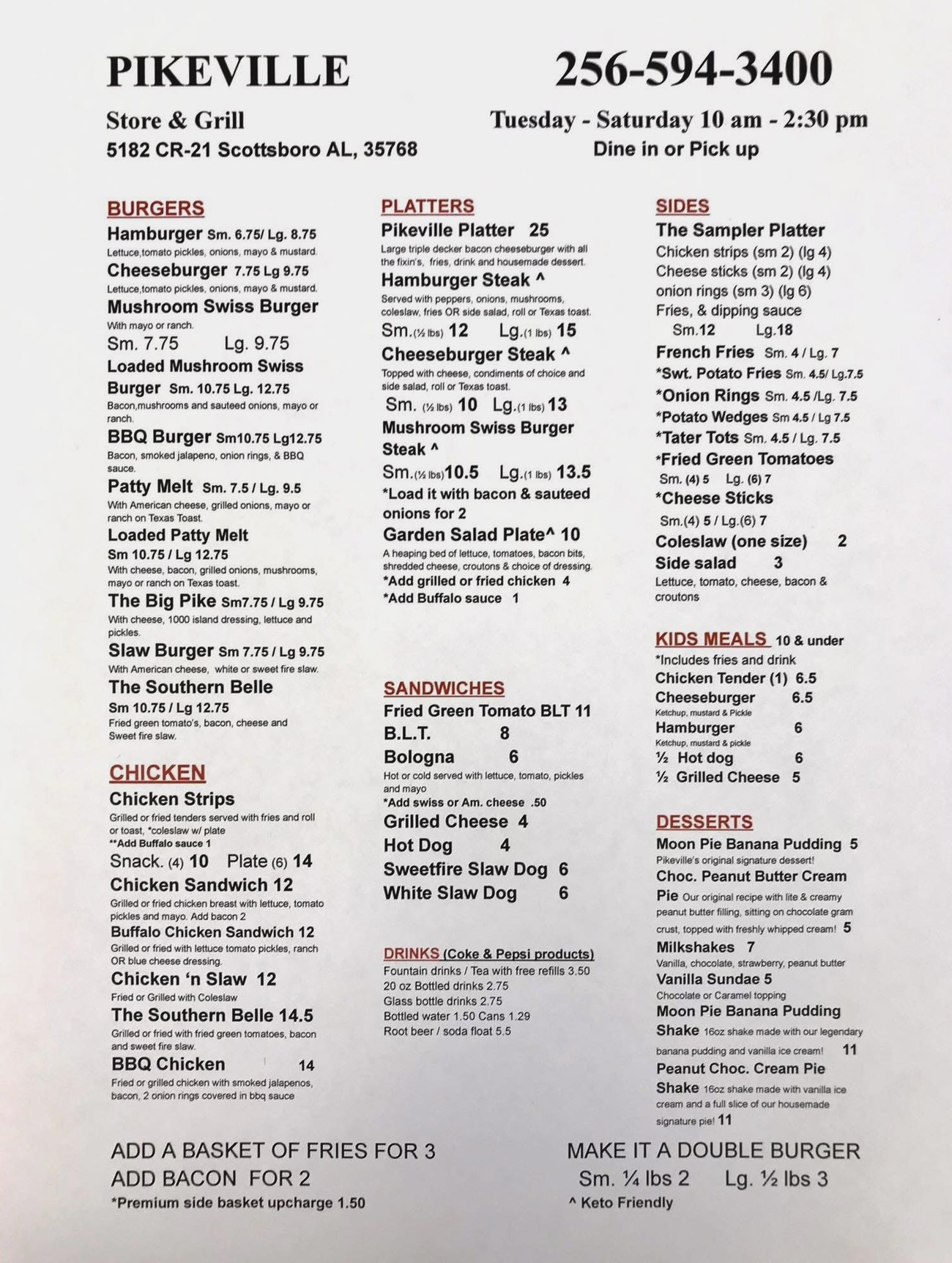 Pikeville Store and Grill menu