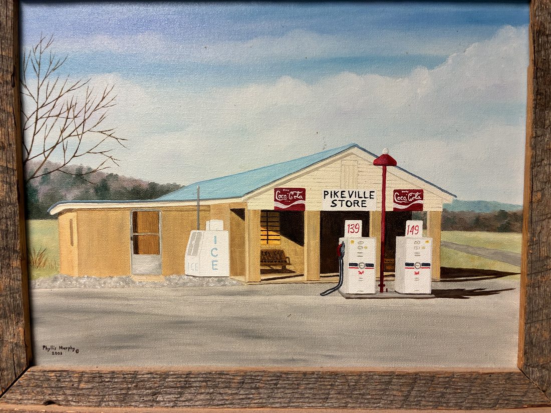 A 2003 painting of the original Pikeville Store with gas pumps and Coca-Cola signs