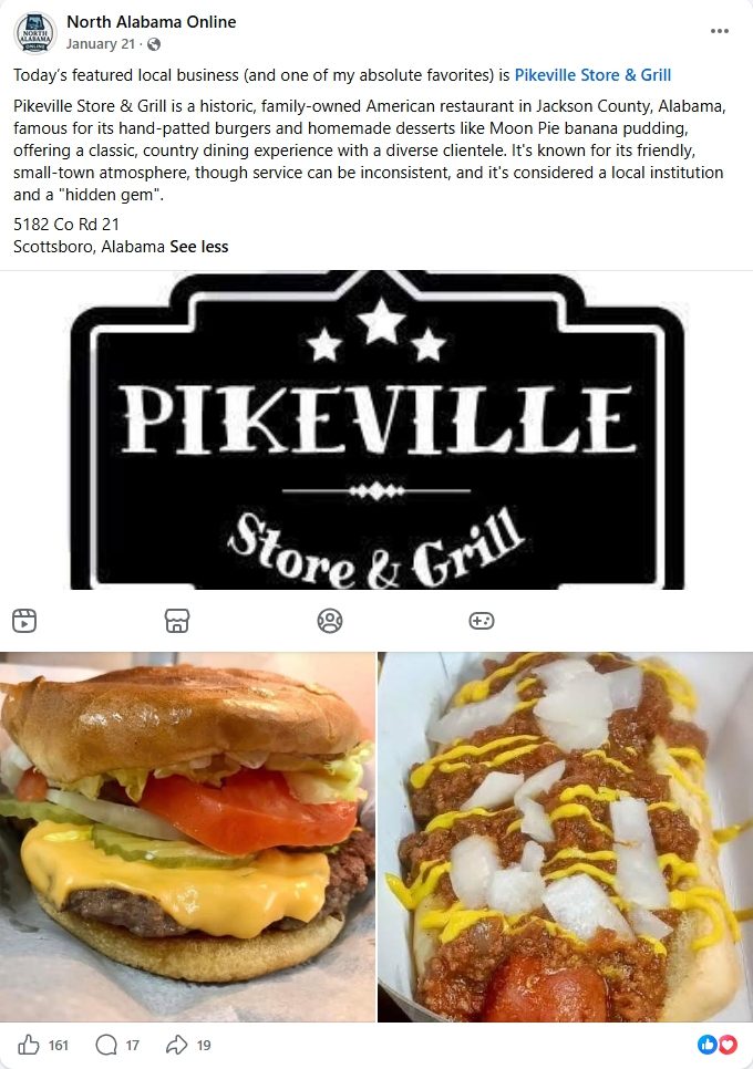 North Alabama Online Facebook feature on Pikeville Store and Grill