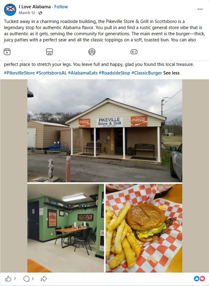 I Love Alabama Facebook feature on Pikeville Store and Grill